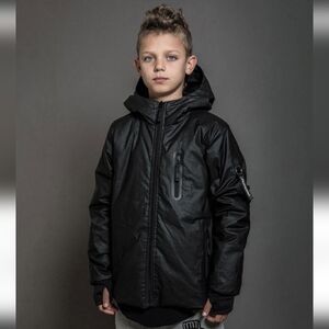 NUNUNU Waxed Hooded Down Jacket Black Boys Girls 12-14 Org $150